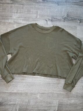 SET Active Cropped Thermal/Waffle-Knit Long-Sleeve Top - Olive